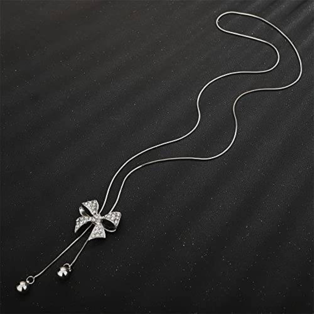 Silver Crystal Bow Pendant Necklace Sparkling Ribbonβ Charm Dangle Spheres